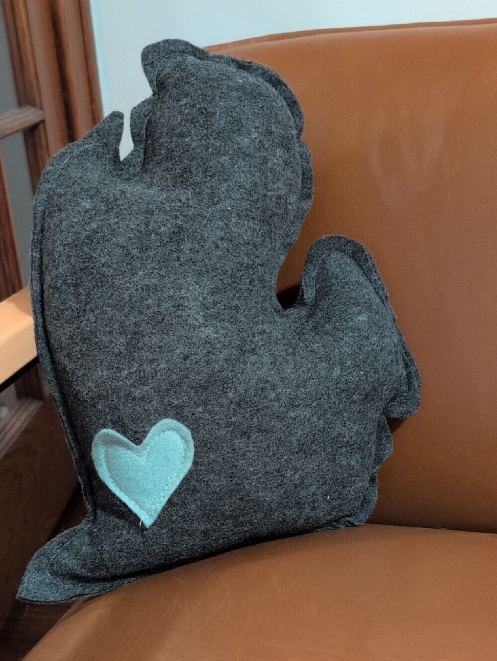 Handmade Michigan State Gray Felt Decorative Pillow with Teal Heart Accent - Picture 5 of 5